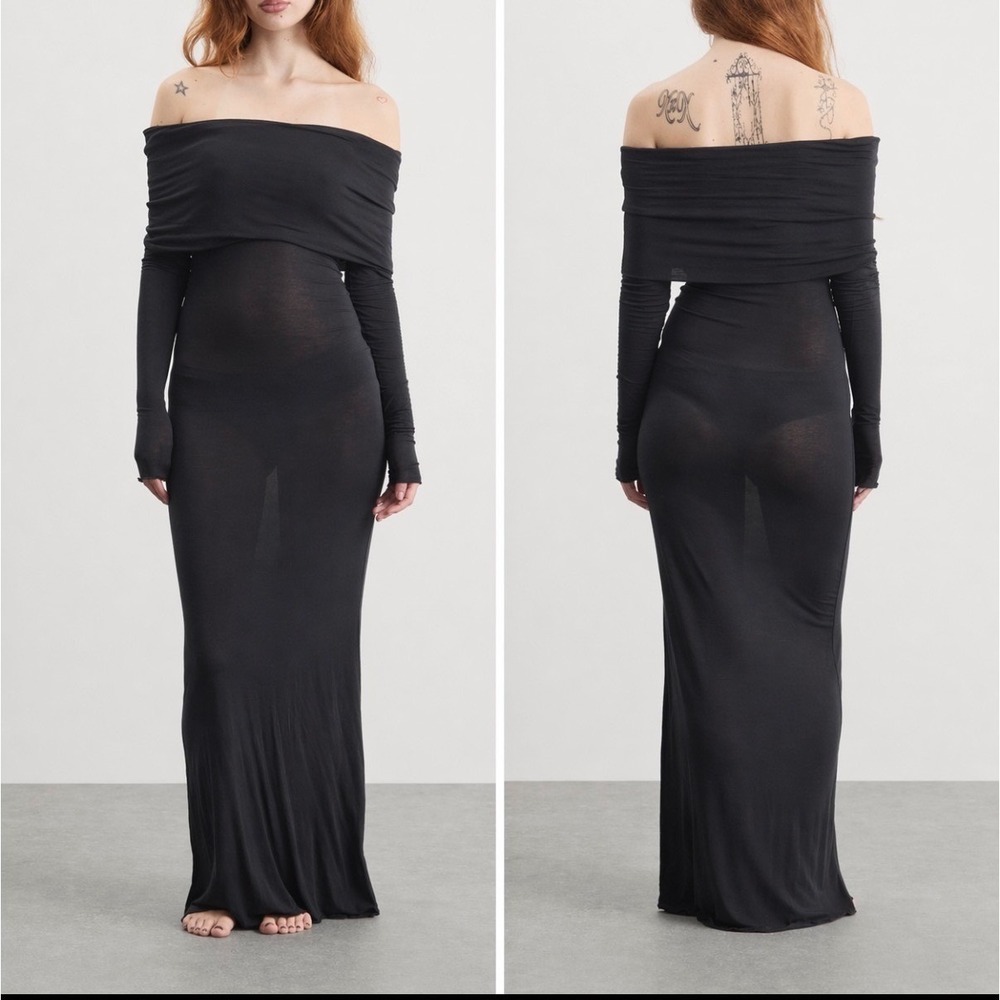 SKIMS Sheer Off Shoulder Maxi Dress Black Modal Cashmere XL NWT Sexy Luxury